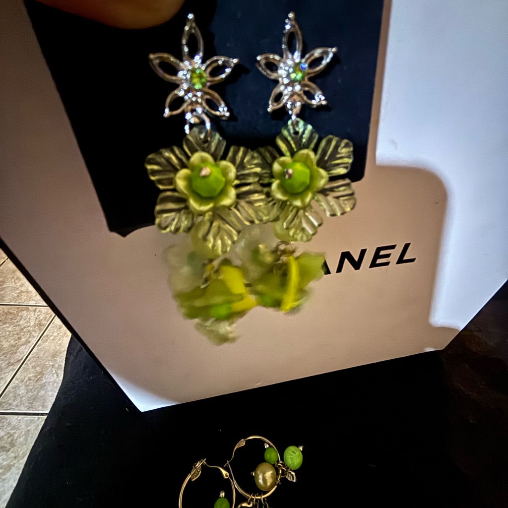 Chanel Silver And Green Floral Earrings
